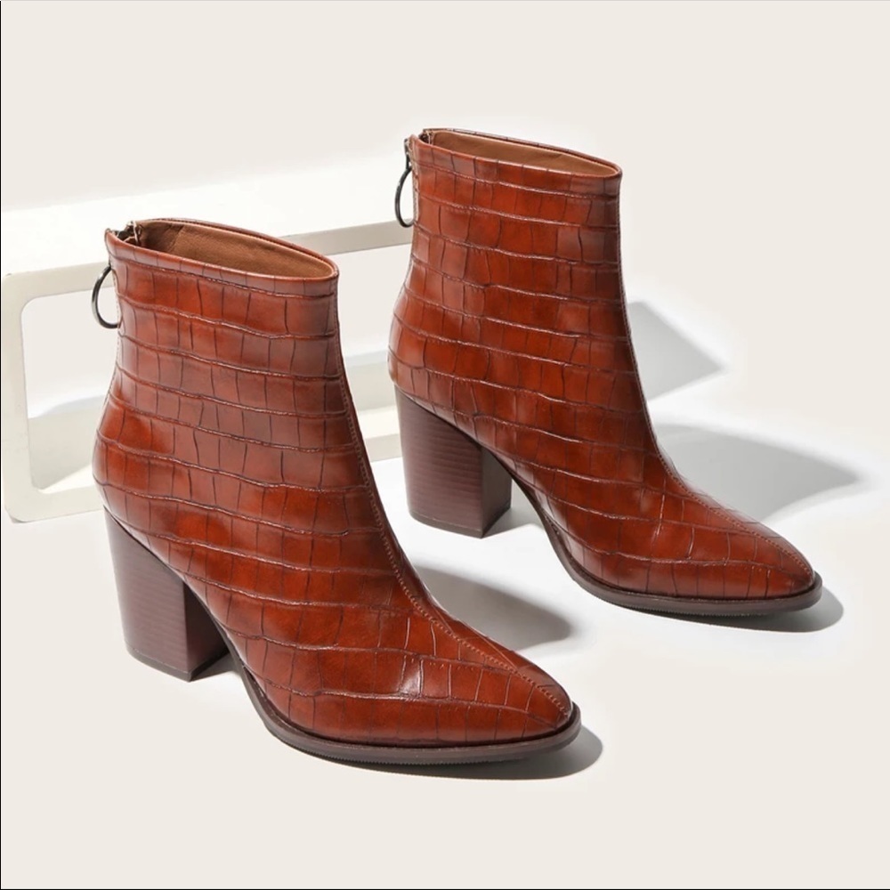 PREORDER! Cognac Crocodile Western Heeled Booties